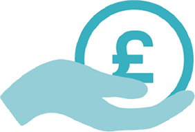Light blue hand holding a British pound (£) coin symbol