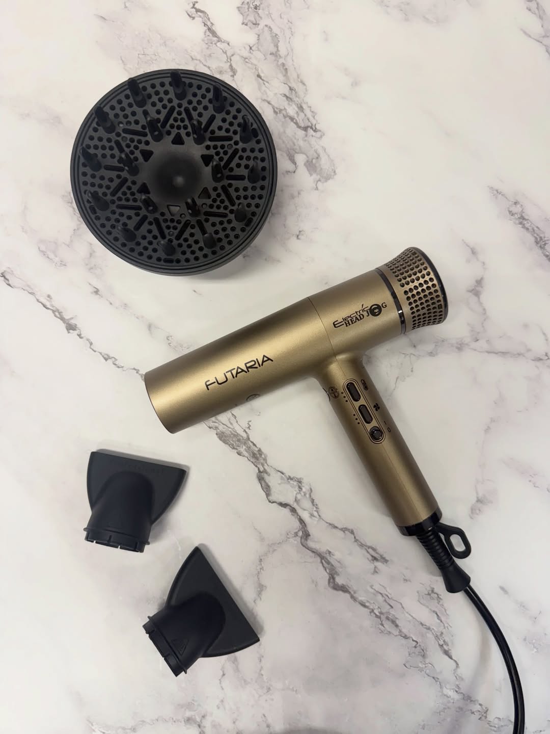 Futaria Hair Dryer in new Moonlight colour with attachments displayed