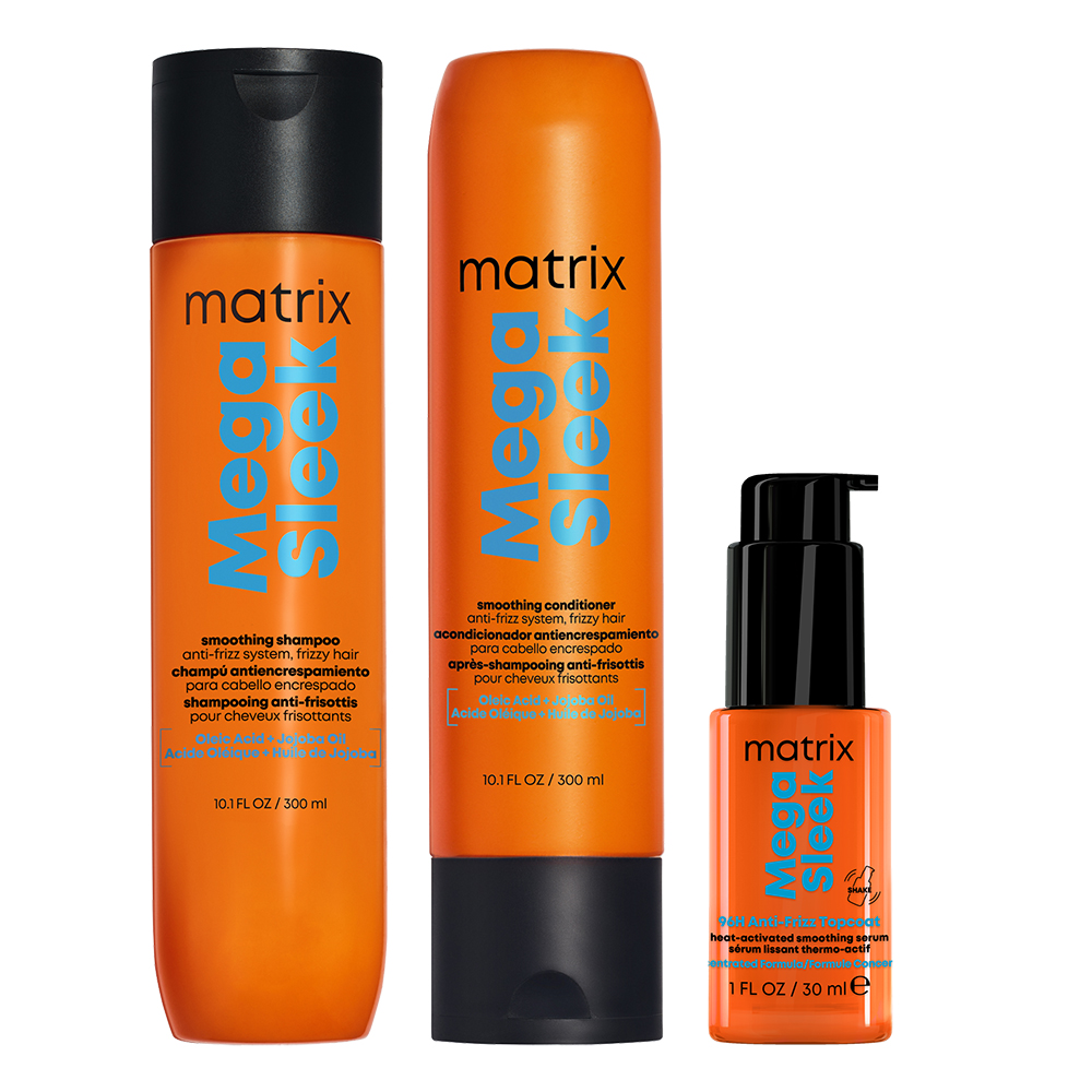 Matrix Mega Sleek Trio contains Shampoo 300ml, Conditioner 300ml and Top Coat Serum 30ml