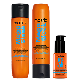 Matrix Mega Sleek Trio contains Shampoo 300ml, Conditioner 300ml and Top Coat Serum 30ml