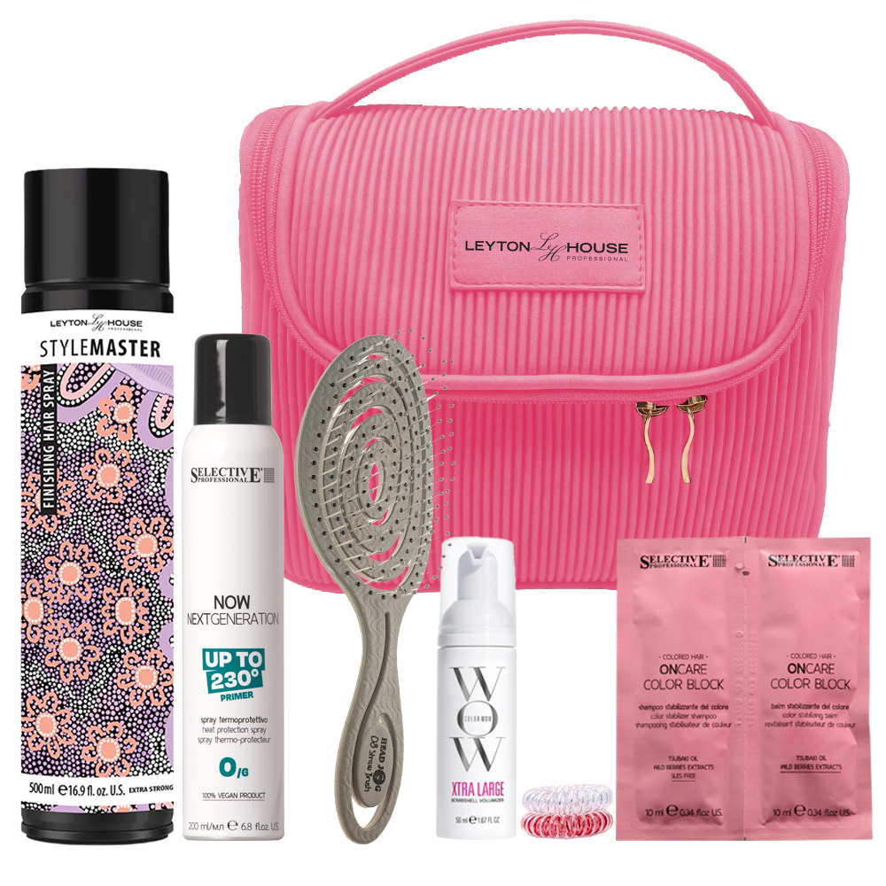 Top Picks Styling Xmas Bundle with Hairspray, Heat Protection Spray, Bombshell Mousse, Invisibobbles and Straw Brush in a Pink Cosmetic Bag