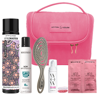 Top Picks Styling Xmas Bundle with Hairspray, Heat Protection Spray, Bombshell Mousse, Invisibobbles and Straw Brush in a Pink Cosmetic Bag